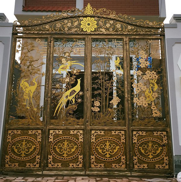 Mẫu cổng nhôm đúc khắc bộ tranh Tứ Quý: Tùng - Cúc - Trúc - Mai